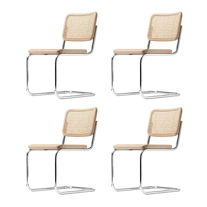 Thonet - S 32 V Stuhl, Chrom / Buche natur (TP 17) / Rohrgeflecht mit Stoffstützgewebe (4er Set)