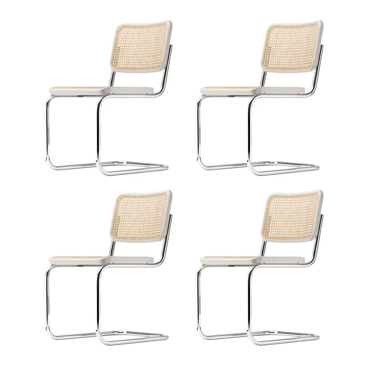 Thonet - S 32 V Stuhl, Chrom / Buche weiß lasiert (TP 200) / Rohrgeflecht mit Stützgewebe (4er Set)