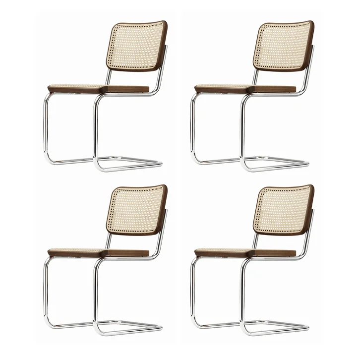 Thonet - S 32 V Stuhl, Chrom / nussbaumfarben (TP 24) / Rohrgeflecht mit Stützgewebe (4er Set)