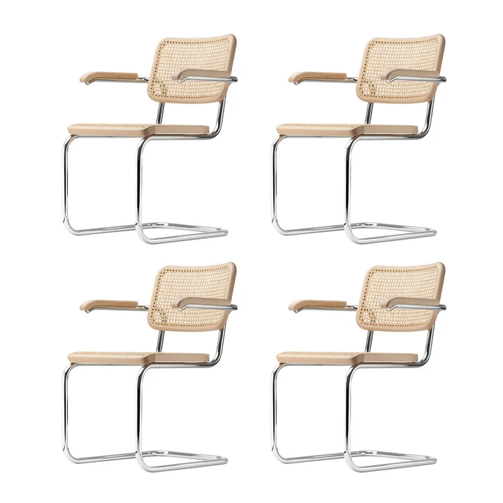 Thonet - S 64 V Armlehnstuhl, Chrom / Buche natur (TP 17) / Rohrgeflecht mit Kunststoffstützgewebe (4er Set)