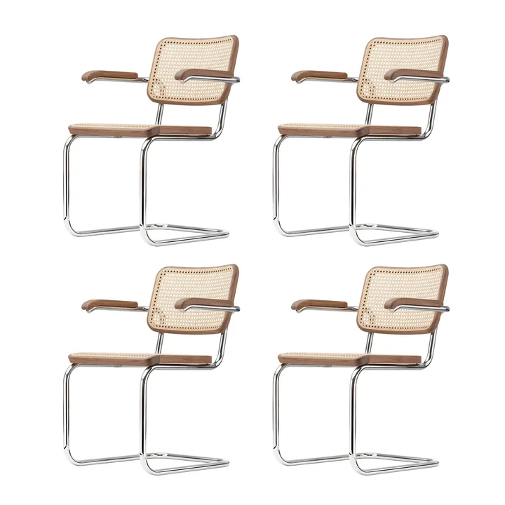 Thonet - S 64 V Armlehnstuhl, Chrom / Nussbaum / Rohrgeflecht mit Kunststoffstützgewebe (Pure Materials) (4er Set)