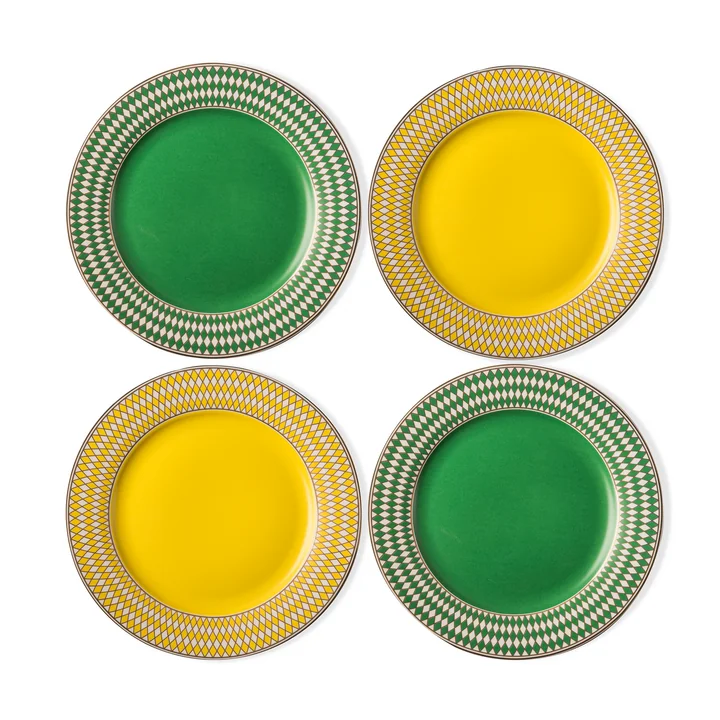 POLSPOTTEN - Chess Teller, Ø 19,3 cm, matt glasiert, grün / gelb / gold (4er-Set)