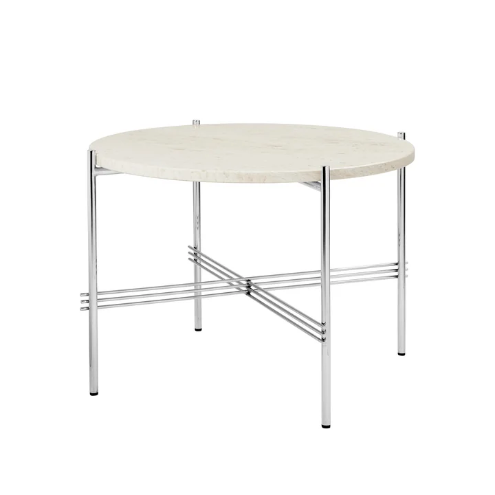 Gubi - TS Couchtisch Ø 55 cm, Stahl poliert / Travertin weiß