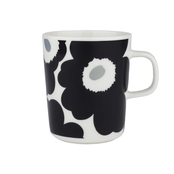 Oiva Unikko Becher mit Henkel, 250 ml, weiß / schwarz / silber von Marimekko