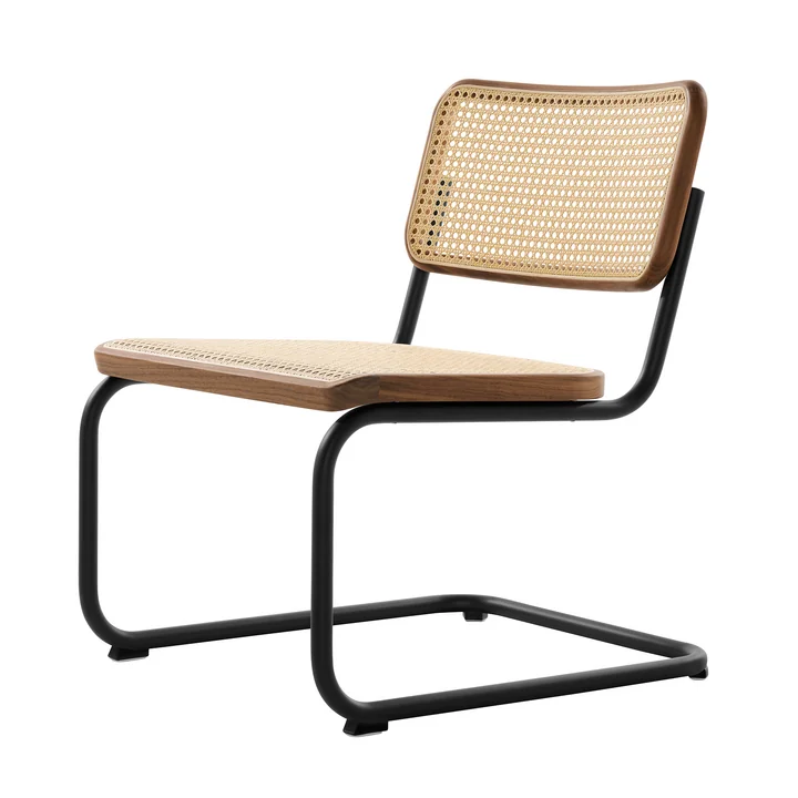 Thonet - S 32 VL Lounge Stuhl, RAL 9005 (tiefschwarz) / Nussbaum mit Naturholzlack lackiert / Rohrgeflecht mit Stützgewebe