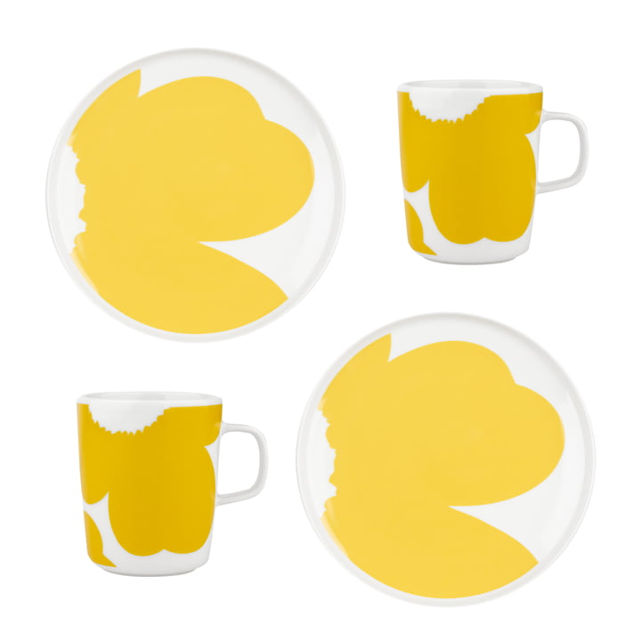 Oiva Iso Unikko Teller & Becher, Ø 25 cm & 250 ml, weiß / spring yellow (4er-Set) von Marimekko