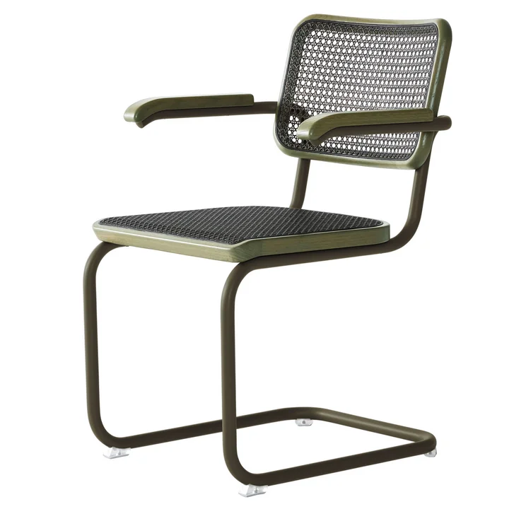 Thonet - S 64 V Armlehnstuhl, Rohrgeflecht Dark Melange, salbeigrün