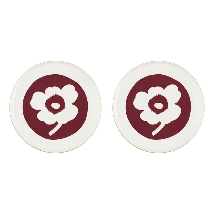 Marimekko - Oiva Unikko Teller, Ø 25 cm, weiß / dark cherry / braun (2er-Set) 