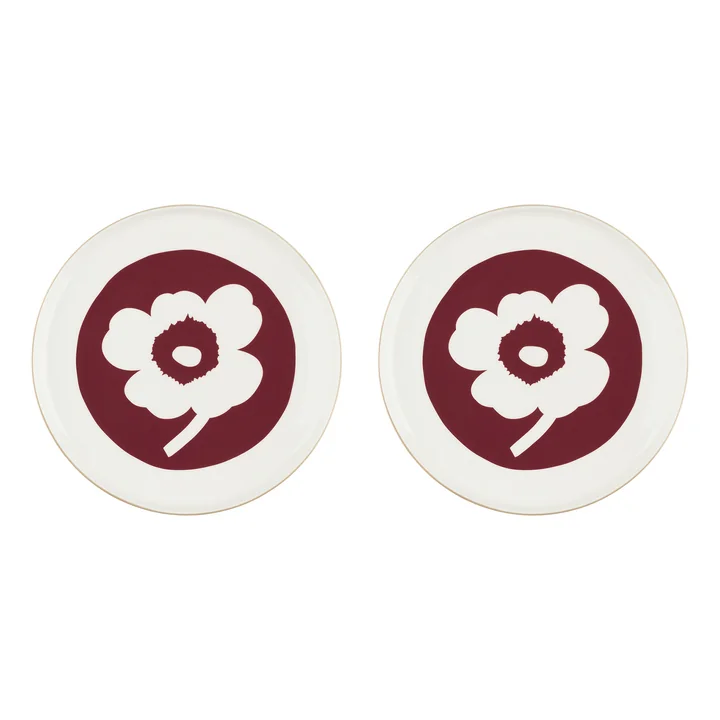 Marimekko - Oiva Unikko Teller, Ø 25 cm, weiß / dark cherry / braun (2er-Set) 