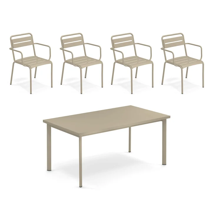 Emu - Star Outdoor Tisch 160 x 90 cm + Armlehnstuhl (4er Set), taupe