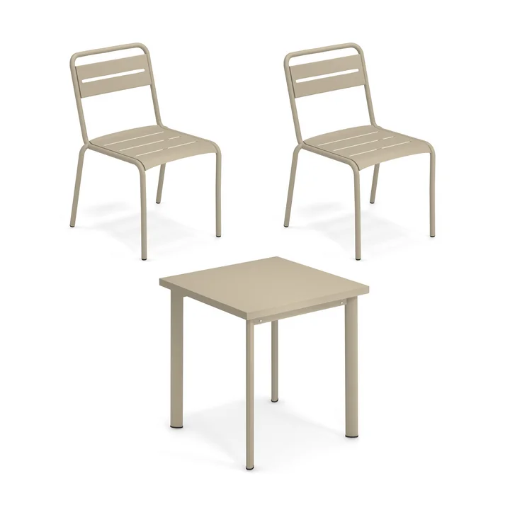 Emu - Star Outdoor Tisch 70 x 70 cm + Stuhl (2er Set), taupe