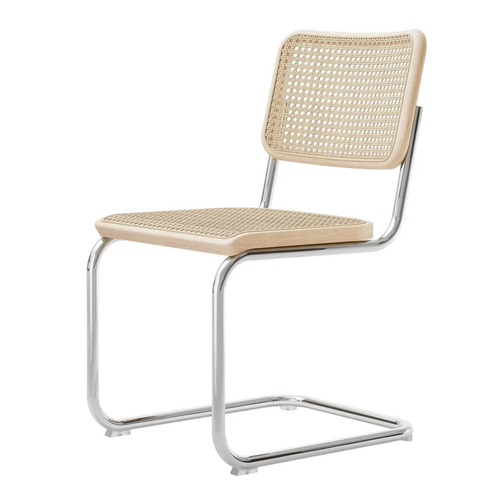 S 32 V Stuhl, Chrom / Esche natur lackiert / Rohrgeflecht mit Stoffstützgewebe von Thonet