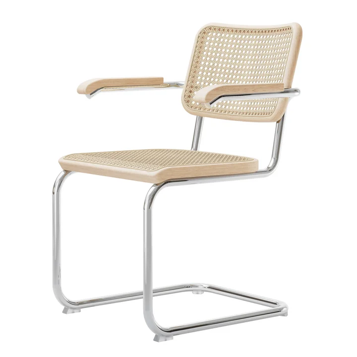 S 64 V Armlehnstuhl, Chrom / Esche natur lackiert / Rohrgeflecht mit Kunststoffstützgewebe von Thonet