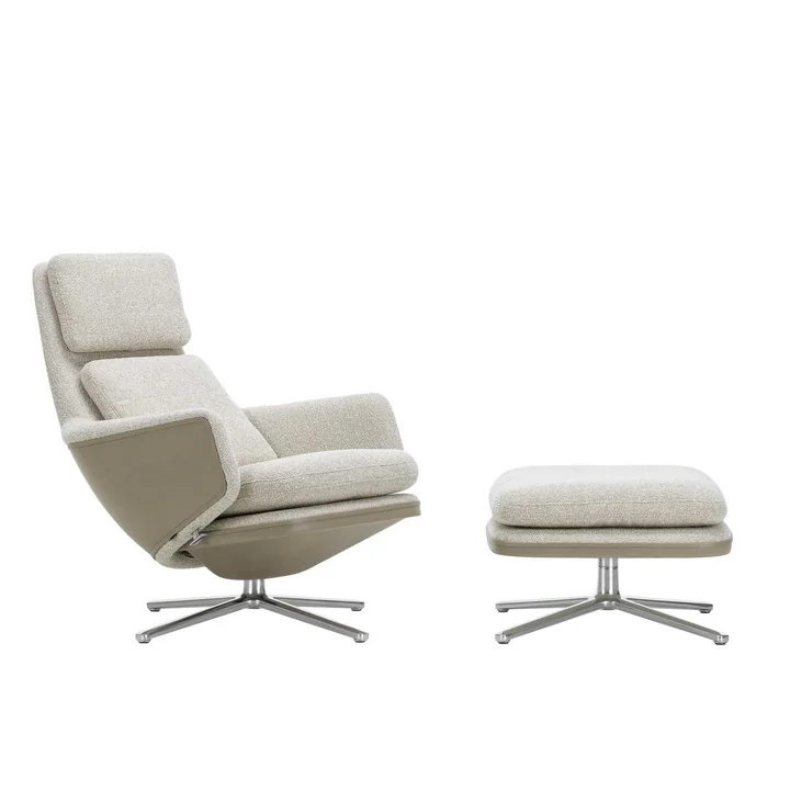 Vitra - Grand Relax Sessel & Ottoman, Aluminium poliert, Nubia elfenbein / grau, Leder / sand, Filzgleiter