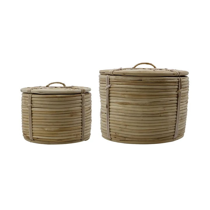 House Doctor - Round Aufbewahrungskorb mit Deckel, Rattan (2er-Set)