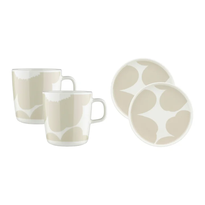 Marimekko - Oiva Iso Unikko Teller & Becher, Ø 25 cm & 250 ml, weiß / straw (4er-Set) 