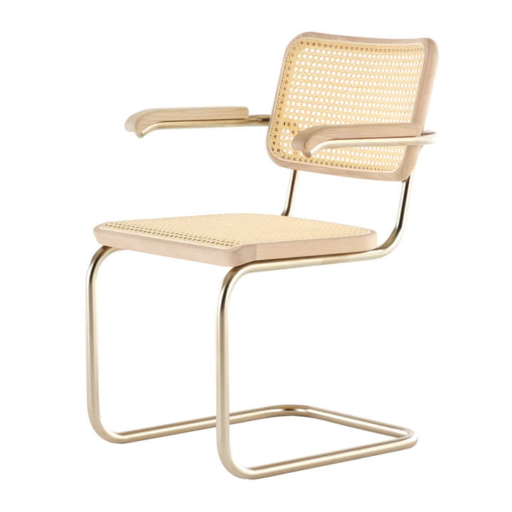 Thonet - S 64 V Nordic Armlehnstuhl, nickelsilver / Eiche geölt weiß pigmentiert / Rohrgeflecht mit Kunststoffstützgewebe (JS. by Jil Sander)