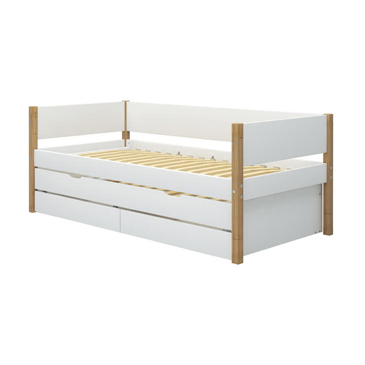 Flexa - Nor Einzelbett mit Ausziehbett und Aufbewahrung, 90 x 200 cm, Eiche / weiß