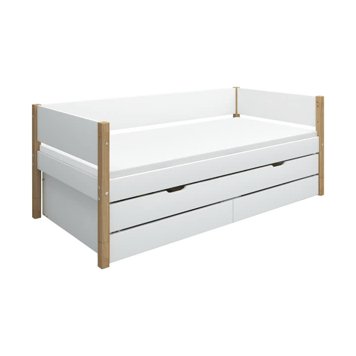 Flexa - Nor Einzelbett mit Ausziehbett und Aufbewahrung, 90 x 200 cm, Eiche / weiß