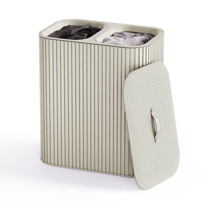 Joseph Joseph - Tota Twin Luxe Wäschetrennkorb mit zwei Fächern 90 l, Bambus ecru