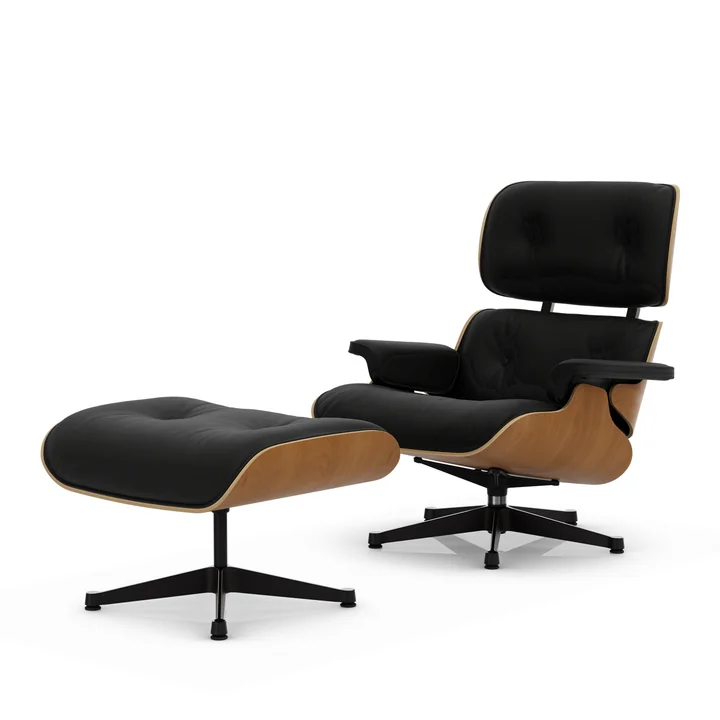 Vitra - Lounge Chair & Ottoman, schwarz / poliert, Kirsche natur, Leder Premium F, nero 