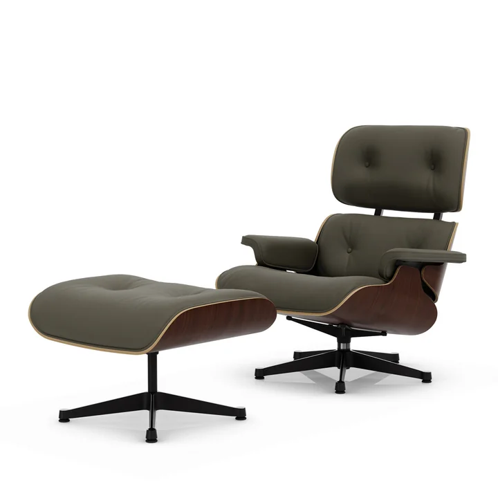 Vitra - Lounge Chair & Ottoman, schwarz / poliert, Nussbaum dunkel, Leder Premium F, khaki 