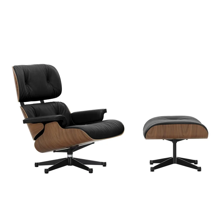 Vitra - Lounge Chair & Ottoman, schwarz / poliert, Nussbaum natur, Leder Premium F, nero
