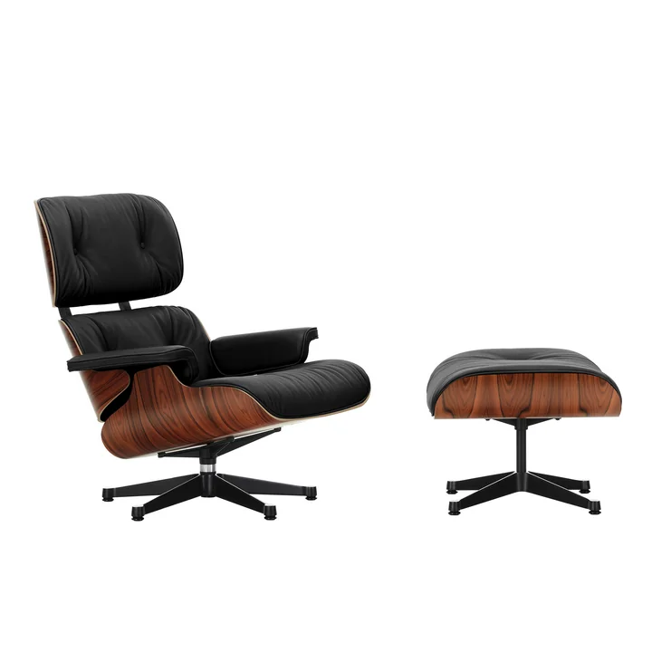Vitra - Lounge Chair & Ottoman, schwarz / poliert, Santos Palisander, Leder Premium F, nero