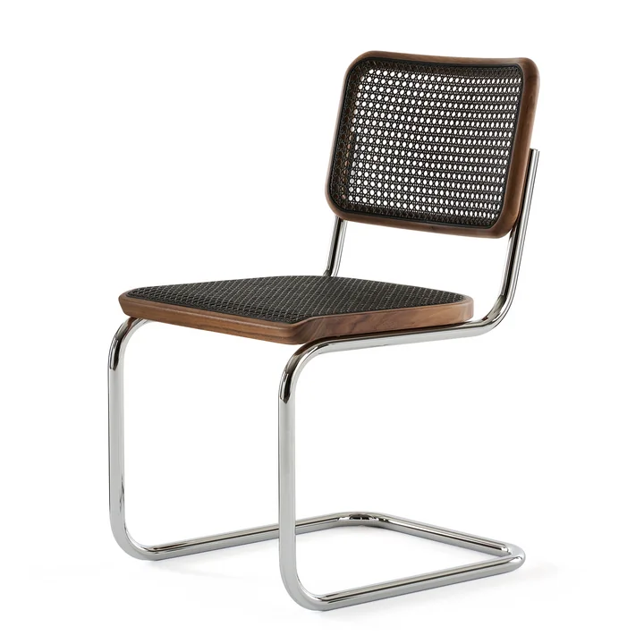Thonet - S 32 V Stuhl, Chrom / Nussbaum / Rohrgeflecht mit Kunststoffstützgewebe dark melange