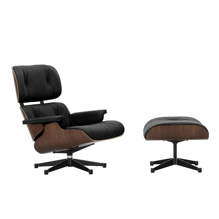 Vitra - Lounge Chair & Ottoman, schwarz / poliert, Nussbaum dunkel, Leder Premium F, nero