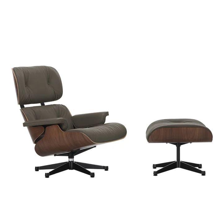 Vitra - Lounge Chair & Ottoman, schwarz / poliert, Nussbaum dunkel, Leder Premium F, umbragrau