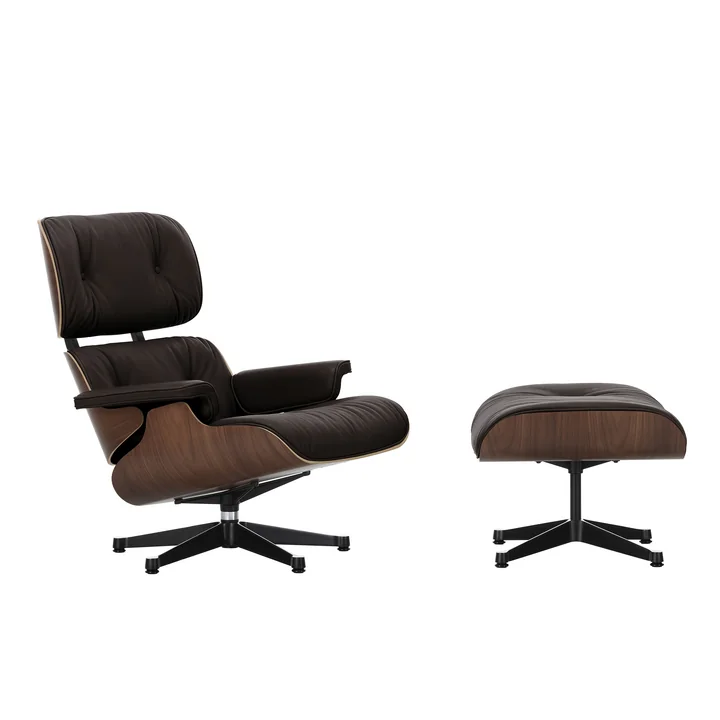 Vitra - Lounge Chair & Ottoman, schwarz / poliert, Nussbaum dunkel, Leder Natural F, chocolate
