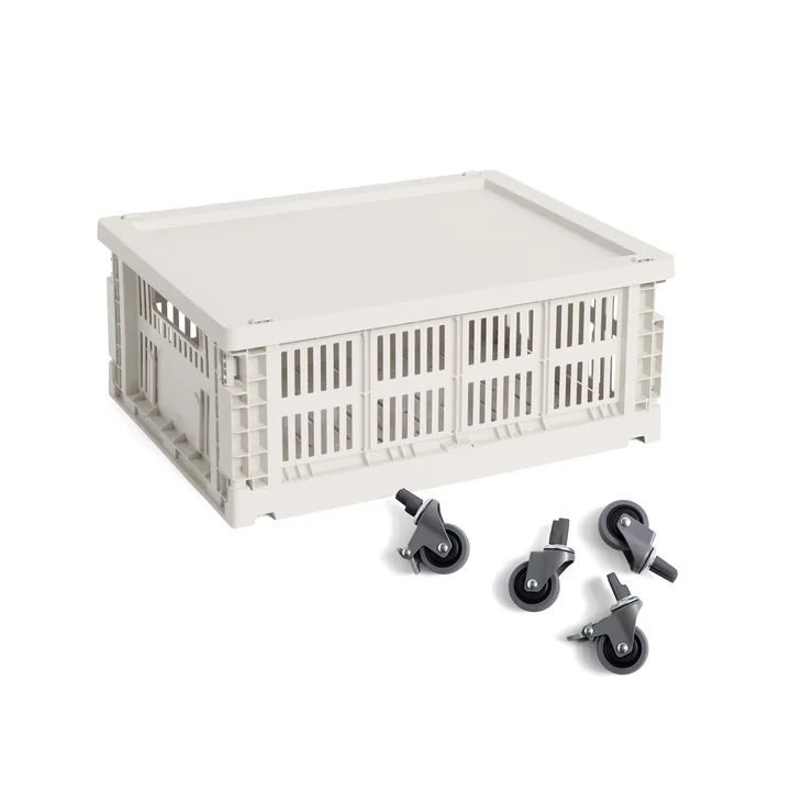 HAY - Colour Crate Korb M mit Deckel und Rollen, off white, recycled