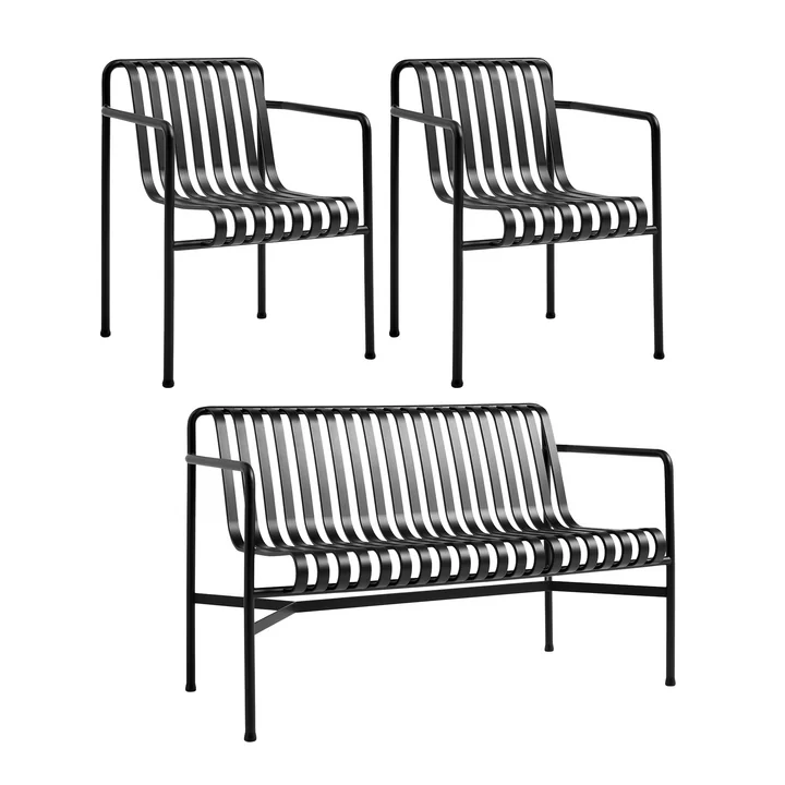 HAY - Palissade Dining Bench + 2x Dining Armchair, anthrazit