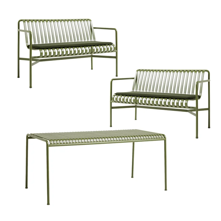 HAY - Palissade Tisch + 2x Dining Bench mit Sitzkissen, olive