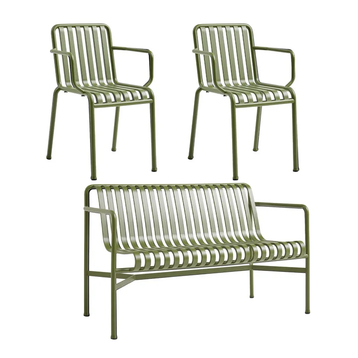 HAY - Palissade Dining Bench + 2x Armlehnenstuhl, olive