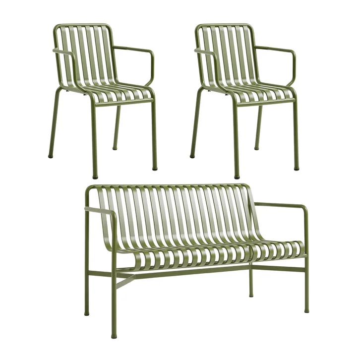 HAY - Palissade Dining Bench + 2x Armlehnenstuhl, olive