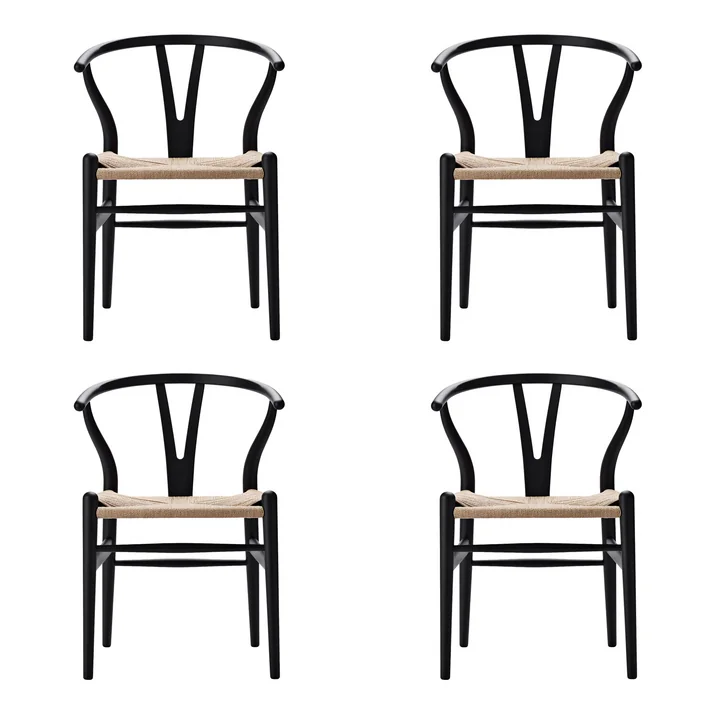 Carl Hansen - CH24 Wishbone Chair, Buche soft black / Naturgeflecht (4er-Set)