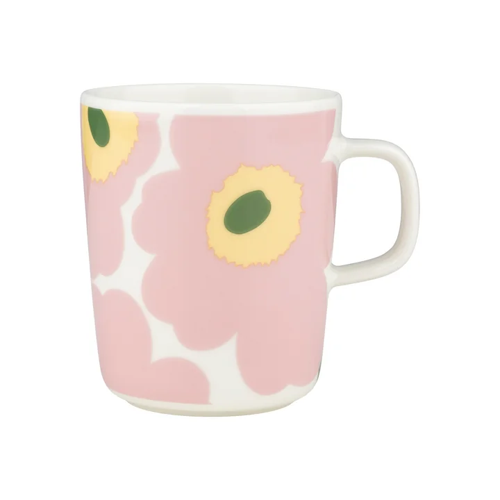 Marimekko - Oiva Unikko Becher mit Henkel 250 ml, weiß / pink / hellgelb