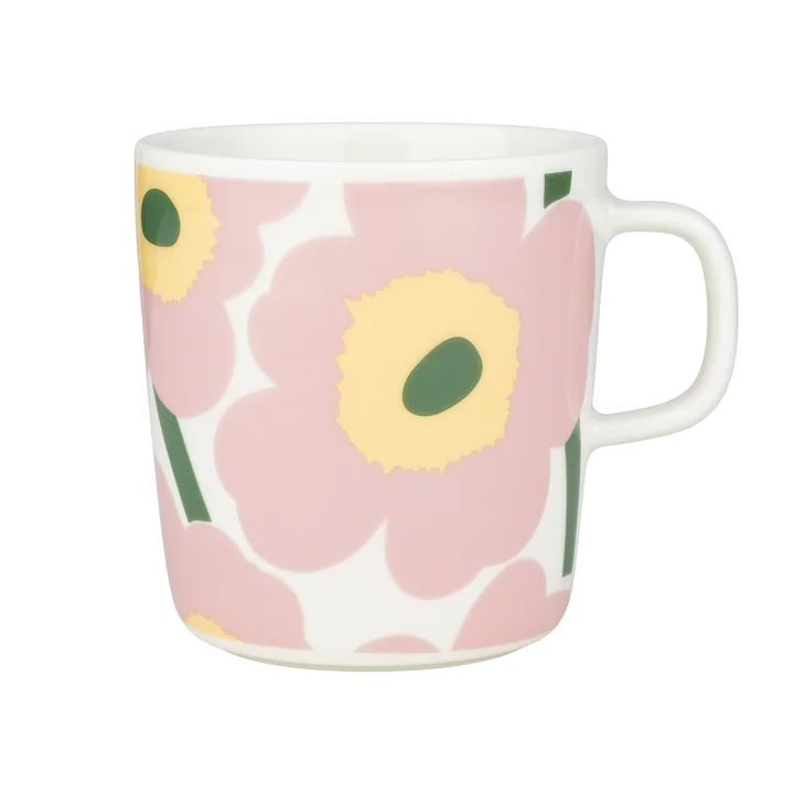Marimekko - Oiva Unikko Becher mit Henkel, 400 ml, weiß / pink / hellgelb