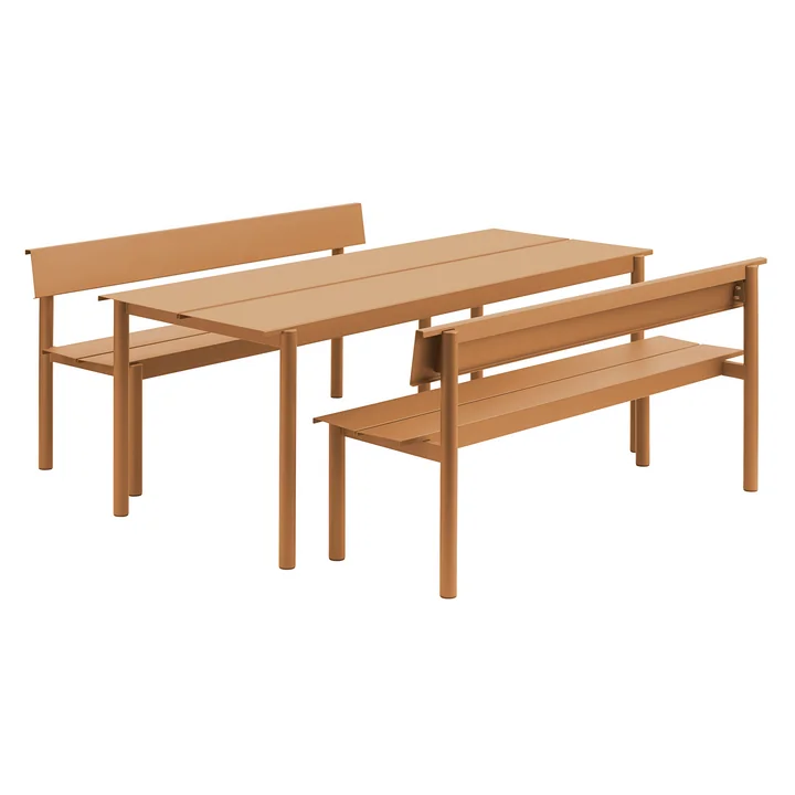 Muuto - Linear Steel Bank mit Rückenlehne, 170 cm an Gartentisch, burnt orange