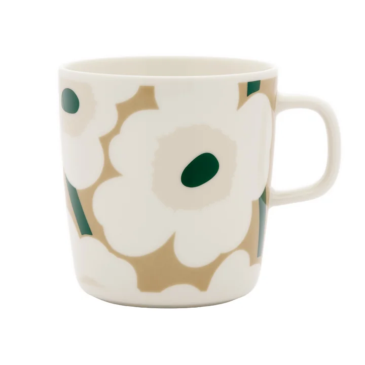Marimekko - Oiva Unikko Becher mit Henkel, 400 ml, weiß / beige / light sand / dunkelgrün
