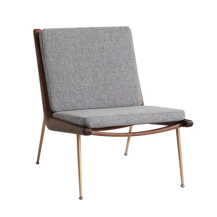 &Tradition - Boomerang HM1 Loungesessel Walnuss geölt / Beine Messing, grau (Hallingdal 130)