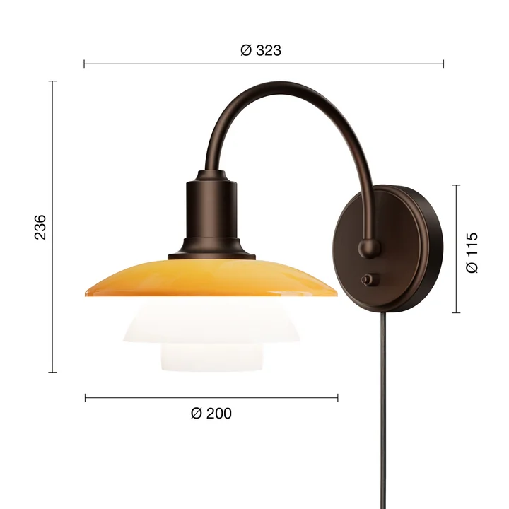Louis Poulsen - PH 2/2 Centenary Edition Wandleuchte, amber / opal weiß - Maße