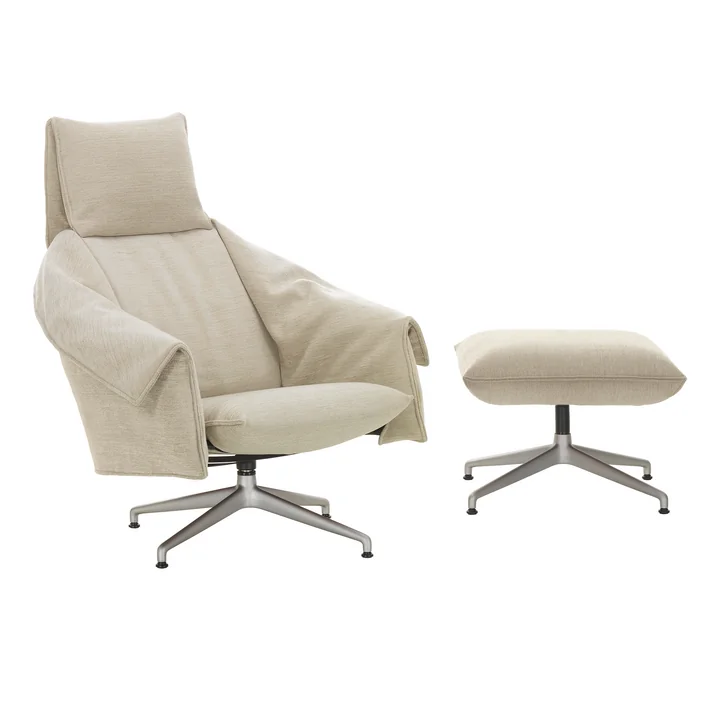 Vitra - Bascule Highback & Ottoman, Untergestell 4-Stern Aluminium kreide, Bezug F80 Iroko crème