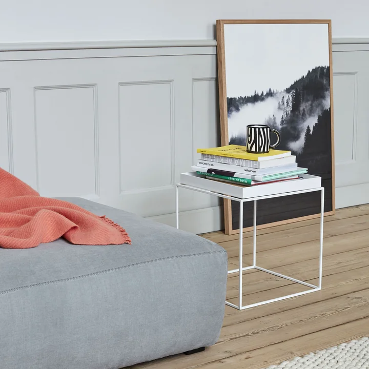 Foggy Forest Poster von artvoll und Tray Table, Wood Tasse und Mags Soft Sofa von HAY