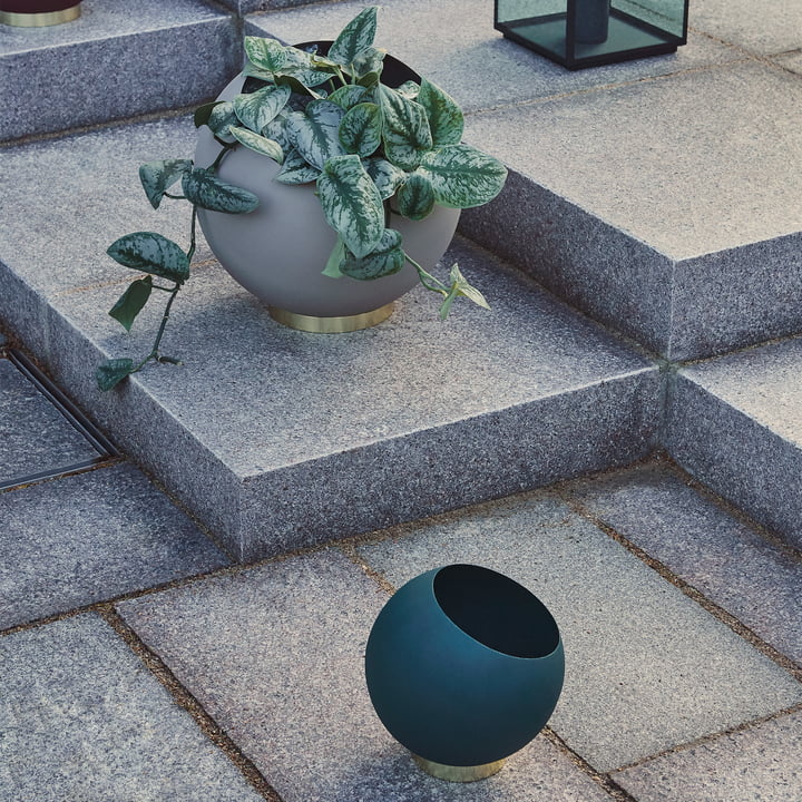 Der Globe Blumentopf von AYTM in seinen verschiedenen Ausführungen auf einer Steintreppe