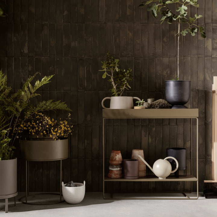 Die Plant Box von ferm Living mit 2 Ebenen mit Pflanzen, Töpfen und weiteren Gartenutensilien