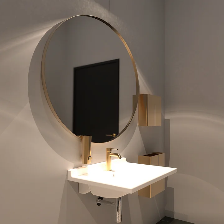 Der runde Unu Wandspiegel von Frost im Badezimmer über dem Waschbecken