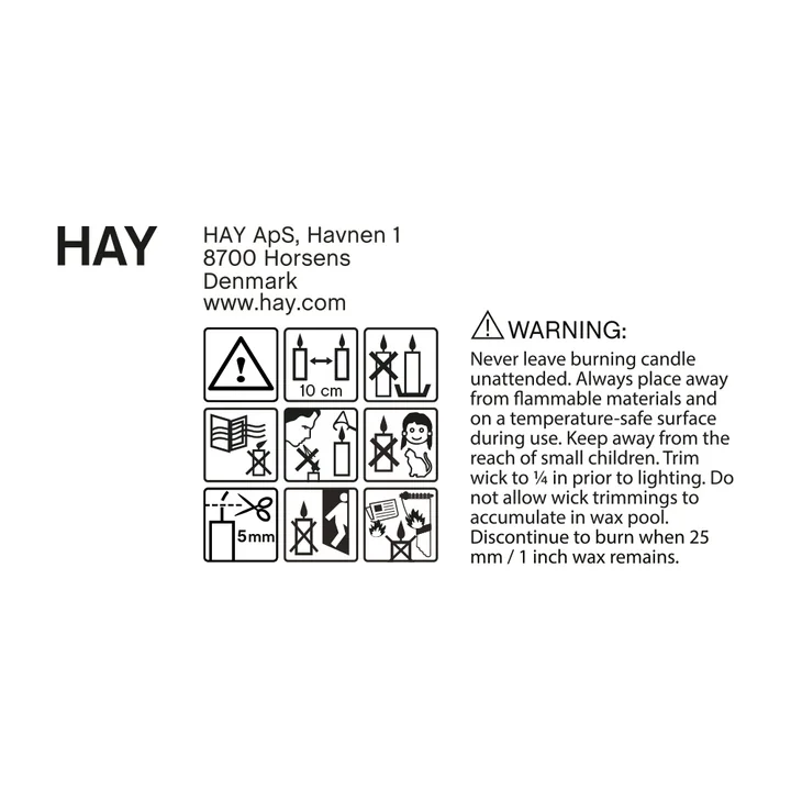 Warnhinweis für die Spiral Stabkerzen von HAY